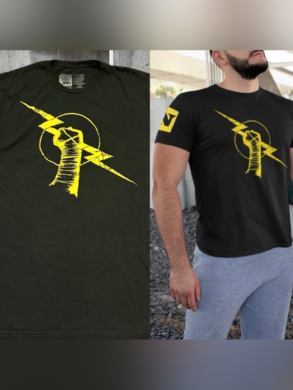 WWE CM PUNK Black Short Sleeve Tee with Yellow Lightning Fist Graphic Xl